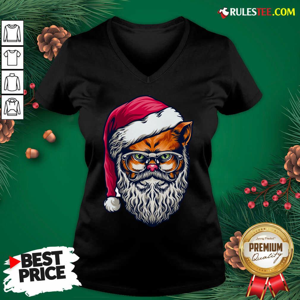 Funny Xmas Wildcat Santa Claus Christmas Wearing Glasses V-neck  - Design By Rulestee.com