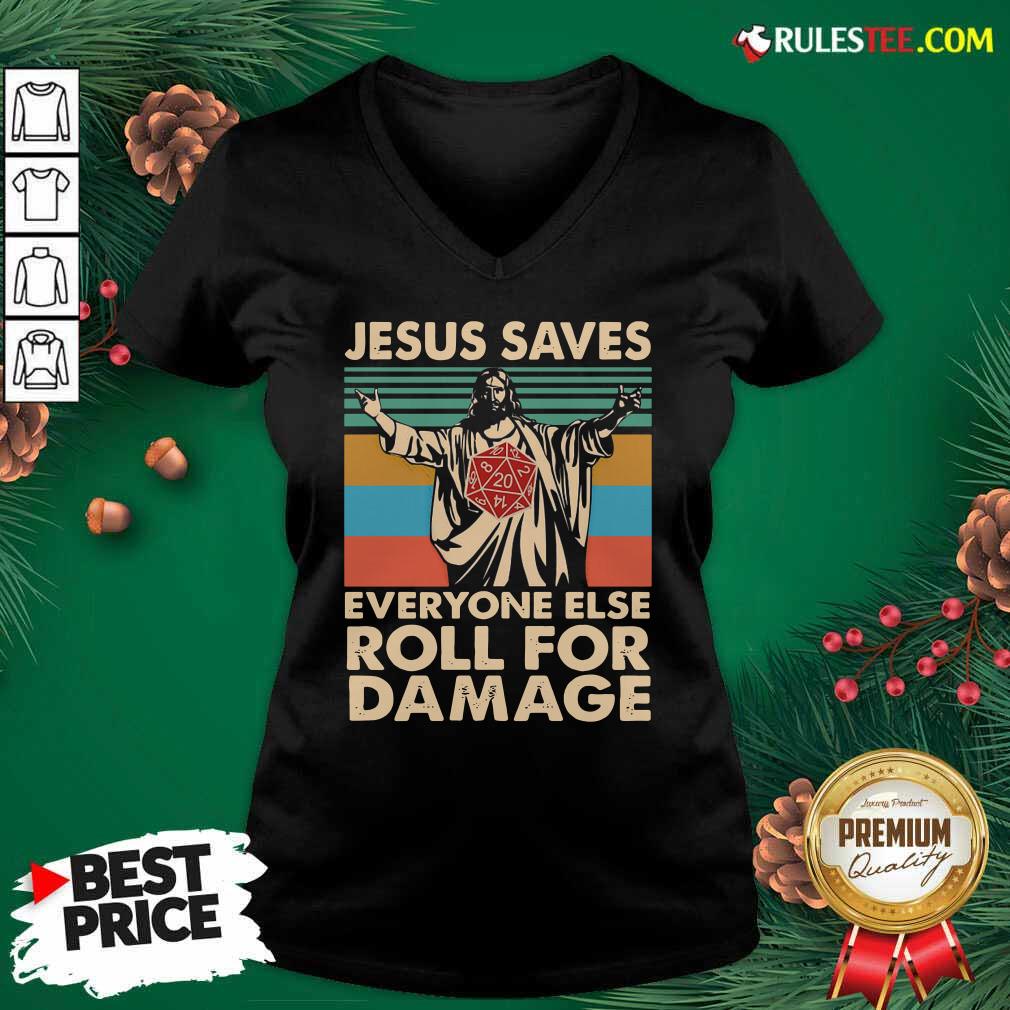Jesus Saves Everyone Else Roll For Damage Vintage Retro V-neck - Design By Rulestee.com