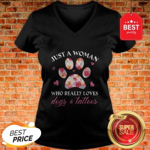 Just A Woman Who Really Loves Dogs Paw And Tattoos Floral V-neck