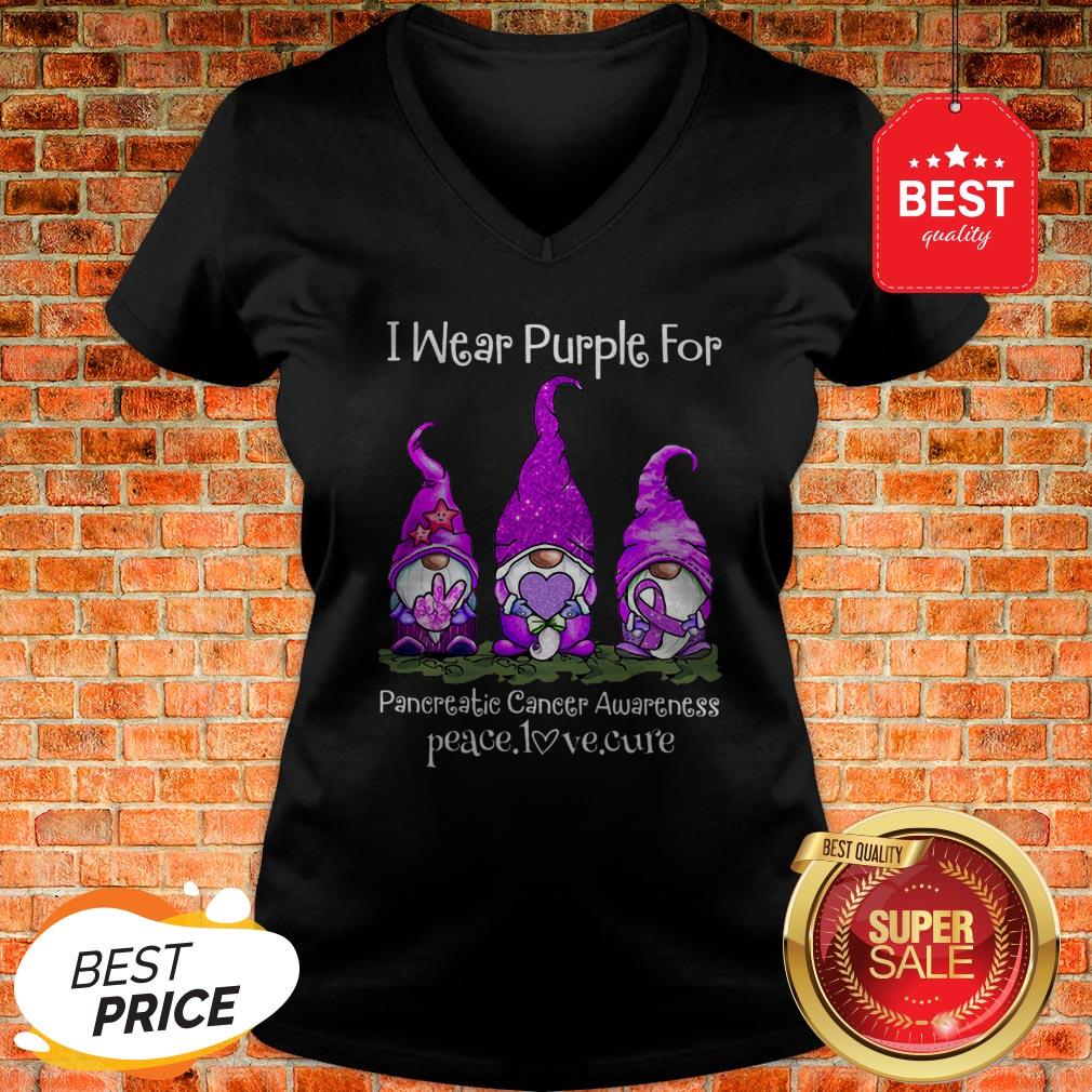 Gnomes I Wear Purple For Pancreatic Cancer Awareness Peace Love Cure V-neck