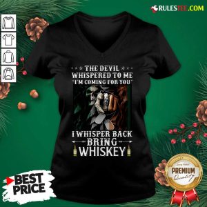 The Devil I Whisper Back Bring Whiskey Irish St. Patrick’s Day V-neck - Design By Rulestee