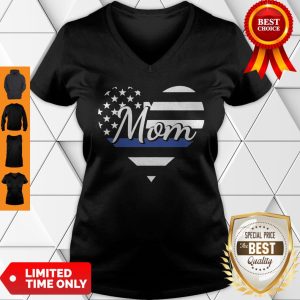 Mom Of Police Officer Heart Thin Blue Line Family USA Flag V-neck