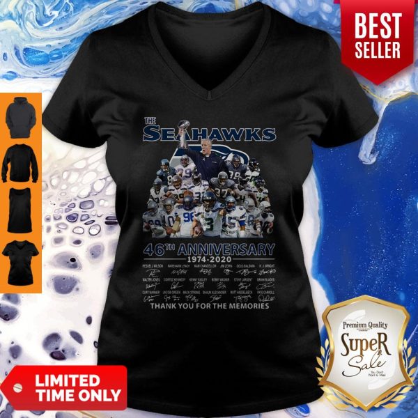 The Seattle Seahawks 46th Anniversary 1974 2020 Thank You For The Memories Signatures V-neck