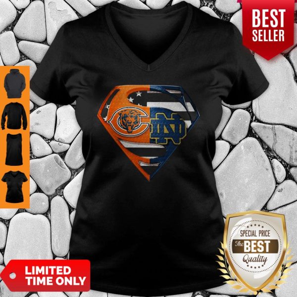 Superhero Chicago Bears And Notre Dame Diamond American Flag Independence Day V-neck