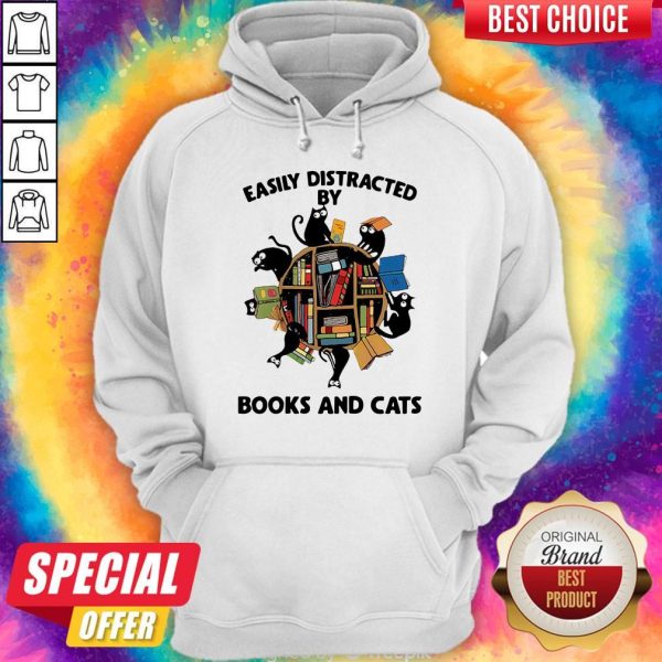 Librarian Easily Distracted By Books And Cats Black Hoodie