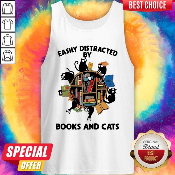 Librarian Easily Distracted By Books And Cats Black Tank Top