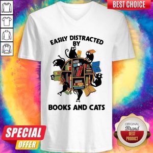Librarian Easily Distracted By Books And Cats Black V-neck