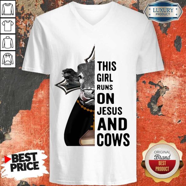 Nice Pretty This Girl Runs On Jesus And Cows V-neck