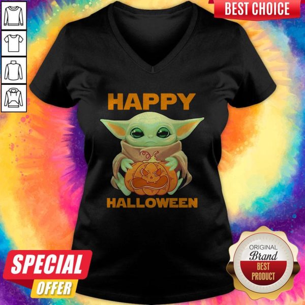 Official Baby Yoda Hug Pumbkin Happy Halloween V-neck