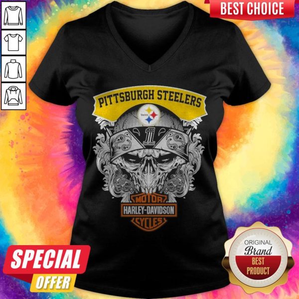 Top Skull Motor Harley Davidson Pittsburgh Steelers V-neck