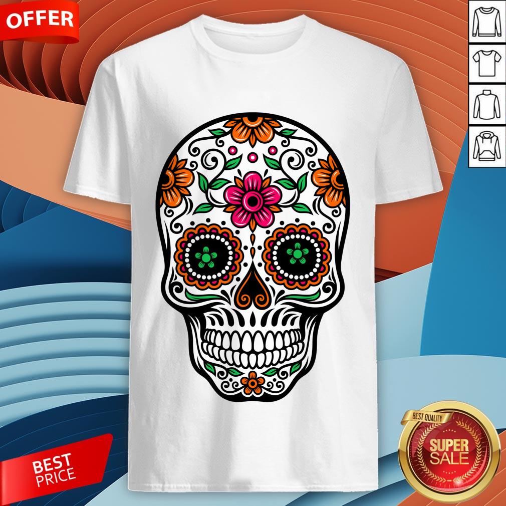 Colorful Painted Day of the Dead Sugar Skull Croix Fleurs T-Shirt Tee