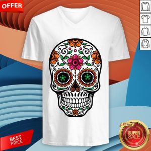 Colorful Sugar Skull And Retro Flowers Day Of The Dead V-neckColorful Sugar Skull And Retro Flowers Day Of The Dead V-neck