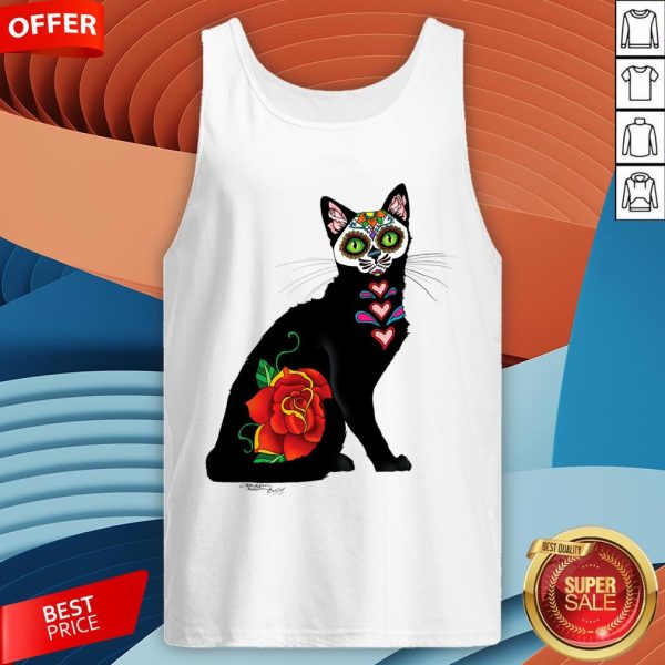 Sugar Skull Cat With Rose Day Of The Dead Tank Top