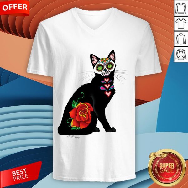 Sugar Skull Cat With Rose Day Of The Dead V-neckSugar Skull Cat With Rose Day Of The Dead V-neck