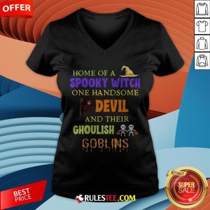 Home Of A Spooky Witch One Handsome Devil And Their Ghoulish Goblins Halloween V-neck - Design By Rulestee.com
