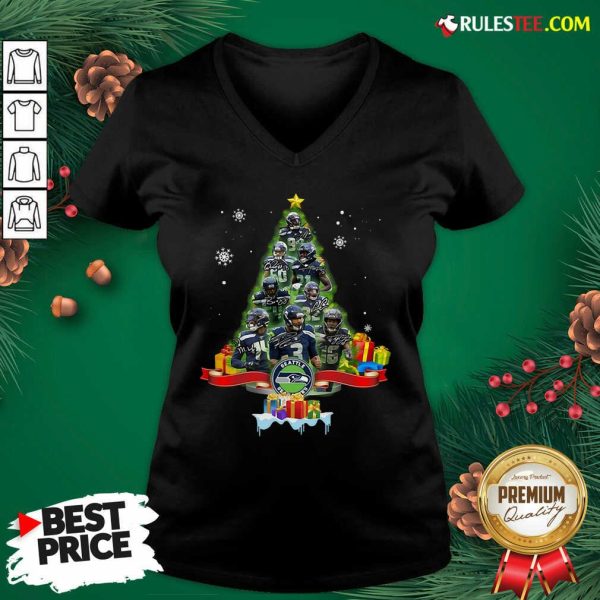 Seattle Seahawks Player Signatures Christmas Tree V-neck - Design By Rulestee.com