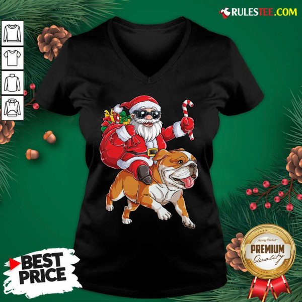 Santa Claus Riding Bulldog Merry Christmas V-neck - Design By Rulestee.com