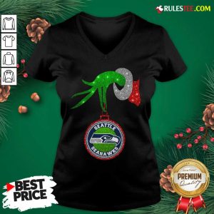Grinch Hand Holding Seattle Seahawks Christmas V-neck - Design By Rulestee.com