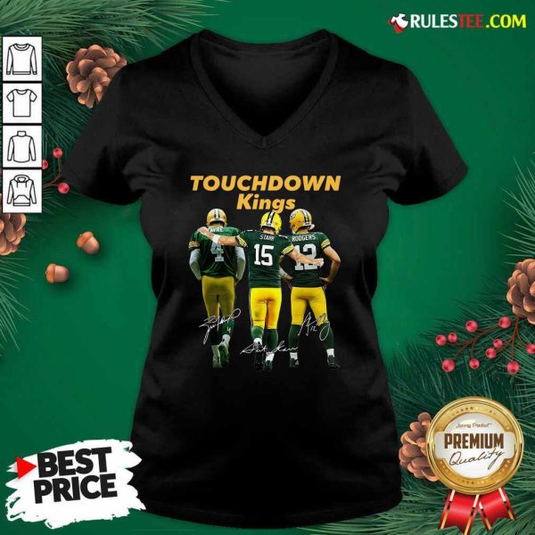 Green Bay Packers Touchdown Kings Brett Favre 4 Bart Starr 15 Aaron Rodgers 12 Signatures V-neck - Design By Rulestee.com