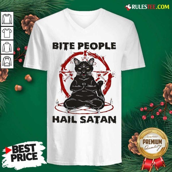 Black Cat Bite People Hail Satan V-neck - Design By Rulestee.com