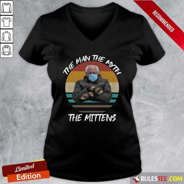 Vintage Bernie Sanders The Man The Myth The Mittens 2021 Inauguration V-neck - Design By Rulestee.com