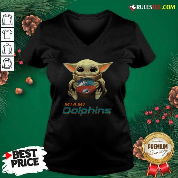 Baby Yoda Hug Miami Dolphins Football V-neck- Design By Rulestee.com