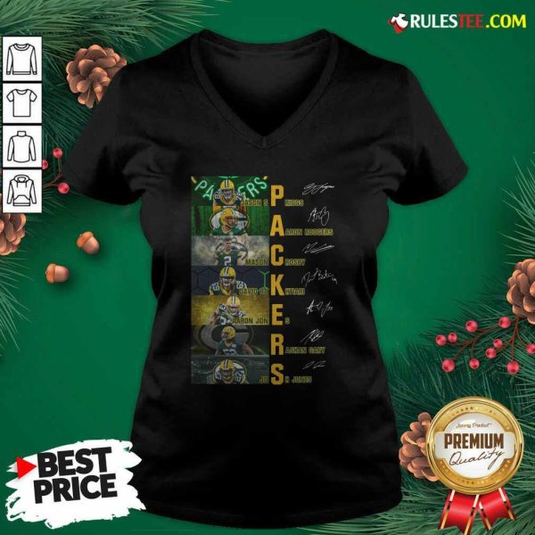 Green Bay Packers Jason Spriggs Aaron Rodgers Mason Crosby Signatures V-neck - Design By Rulestee.com