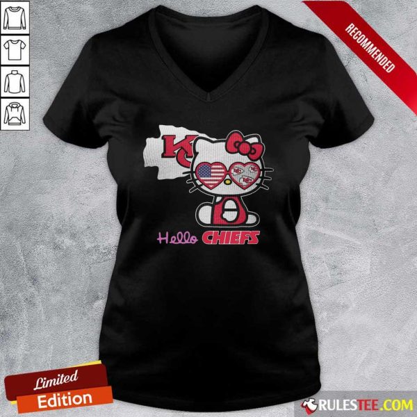 Hello Kitty Hello Kansas City Chiefs With American Flag 2021 V-neck - Design By Rulestee.com