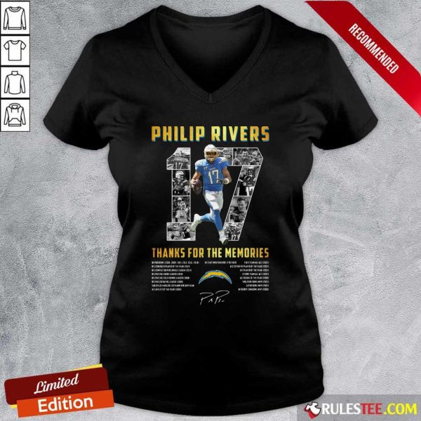 Los Angeles Chargers 17 Philip Rivers Thanks For The Memories 2021 Signature V-neck- Design By Rulestee.com