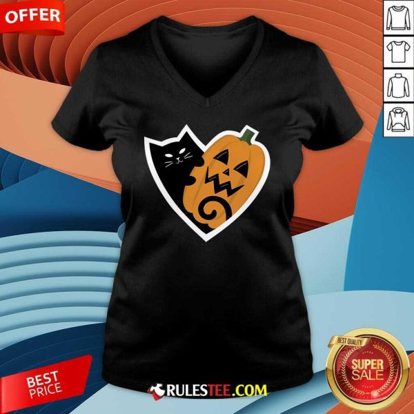 Happy Halloween Heart Cat Pumpkin V-Neck