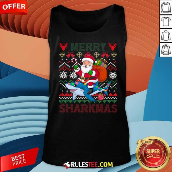 Nice Merry Sharkmas Christmas Shark Lights Santa Hat Tank-Top