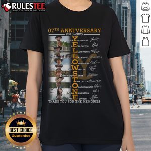 Alt Text: 'Awesome 07th Anniversary 2018-2025 Yellowstone Signature Ladies Tee celebrating memories with vibrant design.'