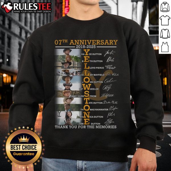 Yellowstone 7th Anniversary 2018-2025 sweatshirt featuring 'Thank You For The Memories' design in vibrant colors.