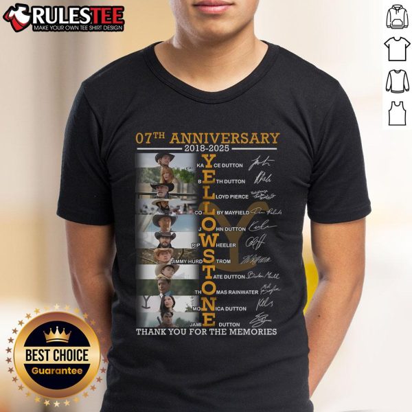 Awesome 07th Anniversary 2018-2025 Yellowstone T-Shirt featuring 'Thank You For The Memories' design.