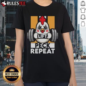 Awesome Chicken Lift Peek Repeat Ladies Tee featuring a fun graphic design for fitness enthusiasts and chicken lovers.