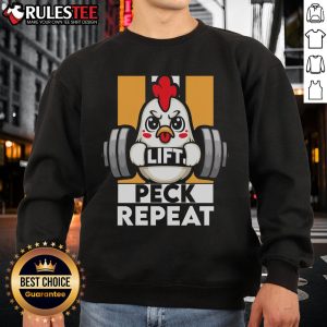 Alt Text: Stylish 'Awesome Chicken Lift Peek Repeat' sweatshirt featuring a fun graphic design, perfect for fitness enthusiasts.