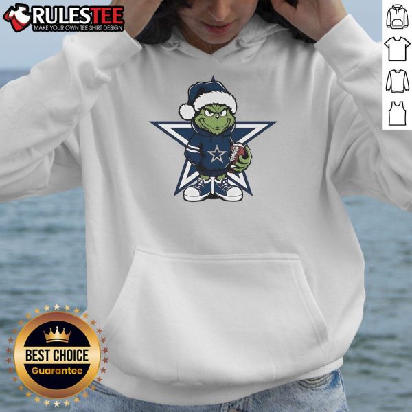 Awesome Grinch hug ball design on a Dallas Cowboys Christmas hoodie, perfect for festive fans and holiday cheer.