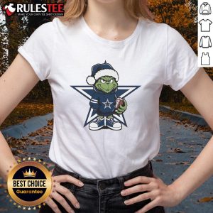 Awesome Grinch Hug Ball Dallas Cowboys Christmas ladies tee featuring a festive design and vibrant colors for holiday cheer.