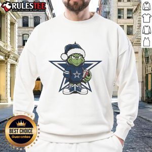 Festive Awesome Grinch Hug Ball Dallas Cowboys Christmas Sweatshirt, perfect for holiday cheer and team spirit.