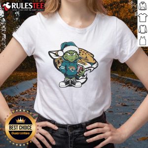 Awesome Grinch Hug Ball Jacksonville Jaguars Christmas Ladies Tee featuring festive design and vibrant colors.