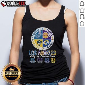 Awesome Los Angeles City of Champions tank top featuring LA Dodgers, Lakers, Rams, and Galaxy logos in vibrant colors.