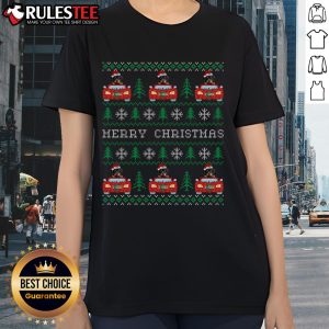 Rottweiler in a Santa hat on a Christmas car graphic for 'Awesome Ugly Christmas' ladies' tee.