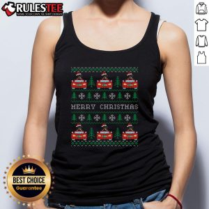 Rottweiler wearing a Santa hat on a tank top for an awesome ugly Christmas car design.