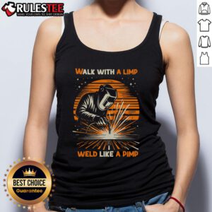 Vintage sunset tank top featuring 'Weld Like A Pimp' slogan, perfect for welding enthusiasts embracing a unique style.