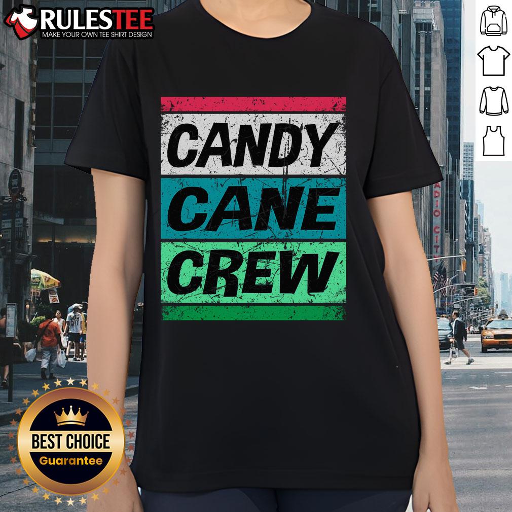 Alt Text: Cute Candy Cane Crew Christmas Xmas Ladies Tee featuring festive candy cane design for holiday cheer.