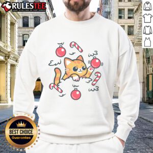 Cute cat on the Christmas tree sweatshirt, perfect festive apparel for cat lovers during the holiday season.