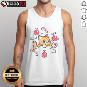 Cute cat on a Christmas tree tank top, featuring a festive design perfect for holiday celebrations.