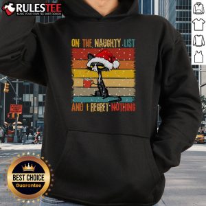 Cute cat wearing a 'Naughty and I Regret Nothing' Christmas hoodie, showcasing festive holiday spirit.