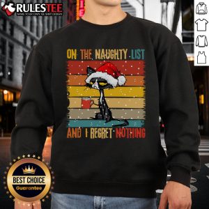 Cute cat wearing a Christmas sweatshirt that says 'Naughty and I Regret Nothing' perfect for holiday celebrations.