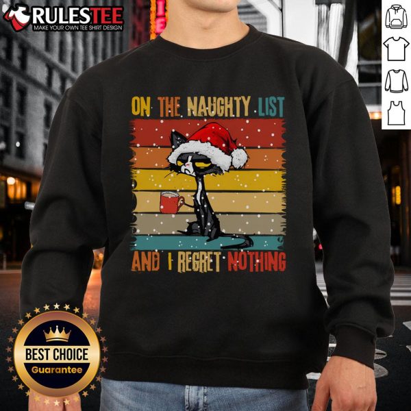 Cute cat wearing a Christmas sweatshirt that says 'Naughty and I Regret Nothing' perfect for holiday celebrations.